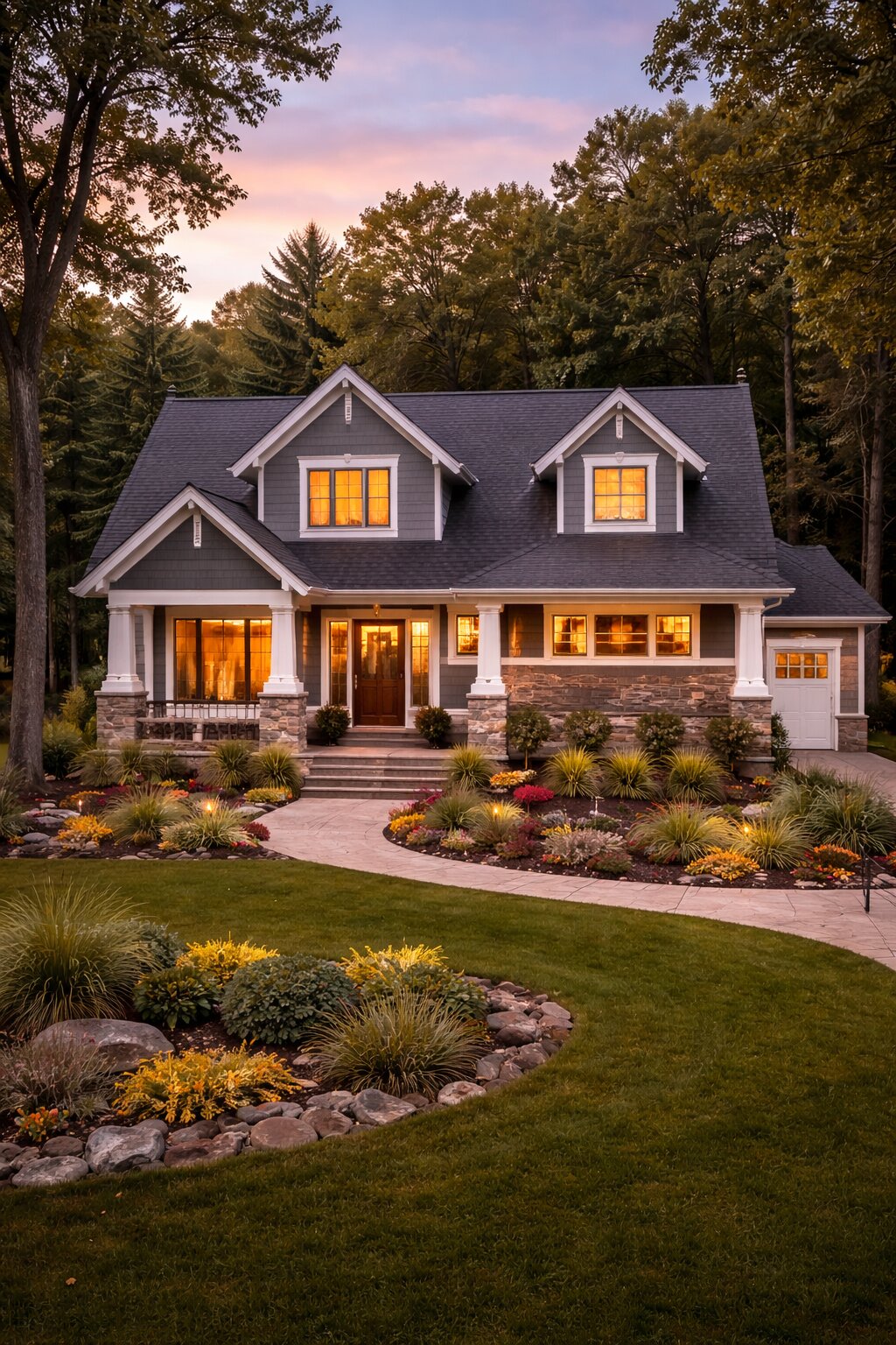 Charming two-story family home in Wisconsin with front porch, landscaped yard, curved walkway, and warm interior lights at sunset.