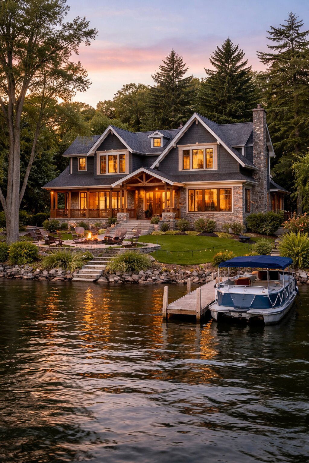 Beautiful luxury craftsman lakefront home in Wisconsin with private dock, fire pit, landscaped yard, and sunset lake views.