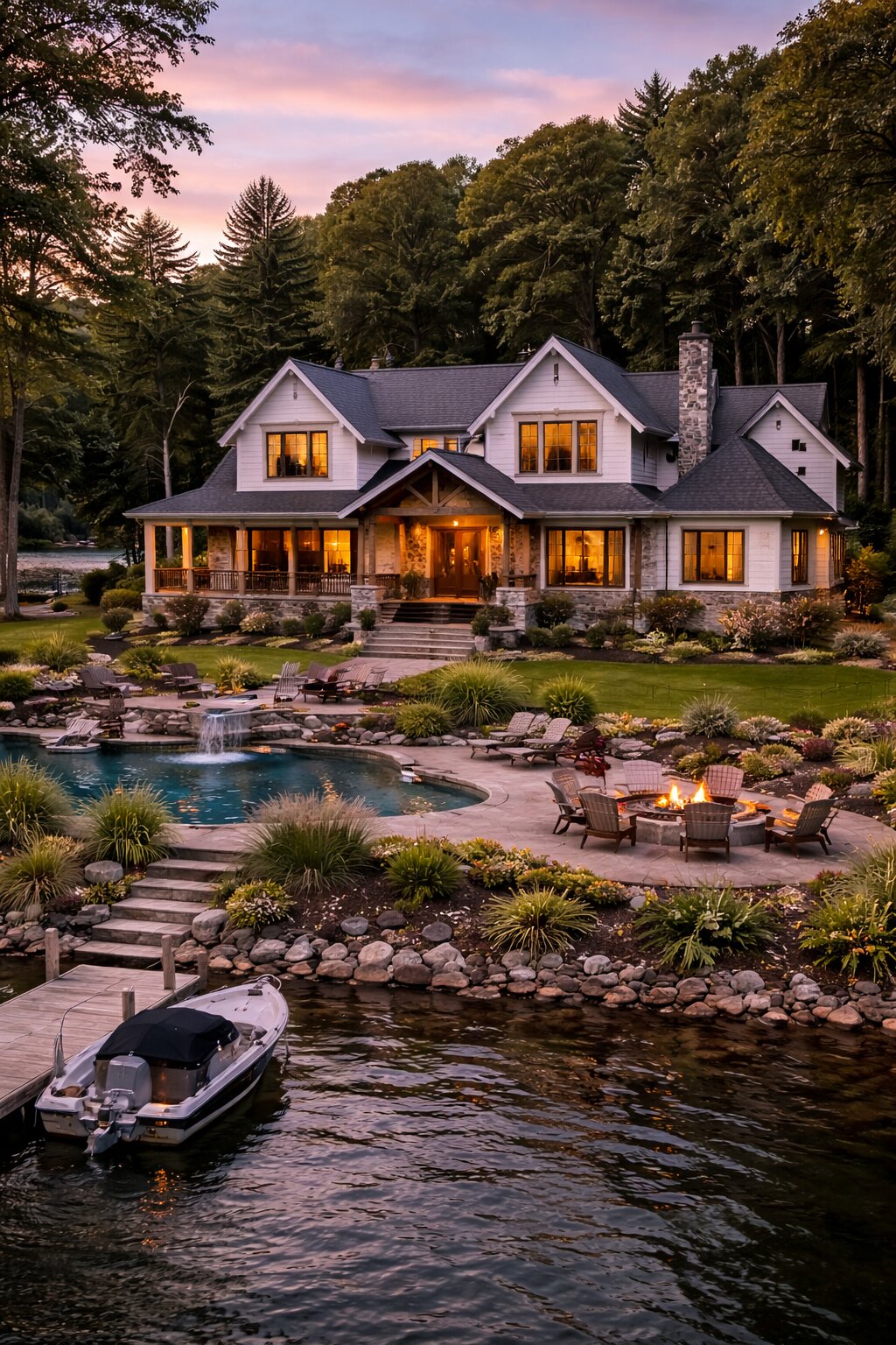 Stunning modern farmhouse lakefront home in Wisconsin featuring backyard pool, fire pit patio, landscaped yard, and boat dock.